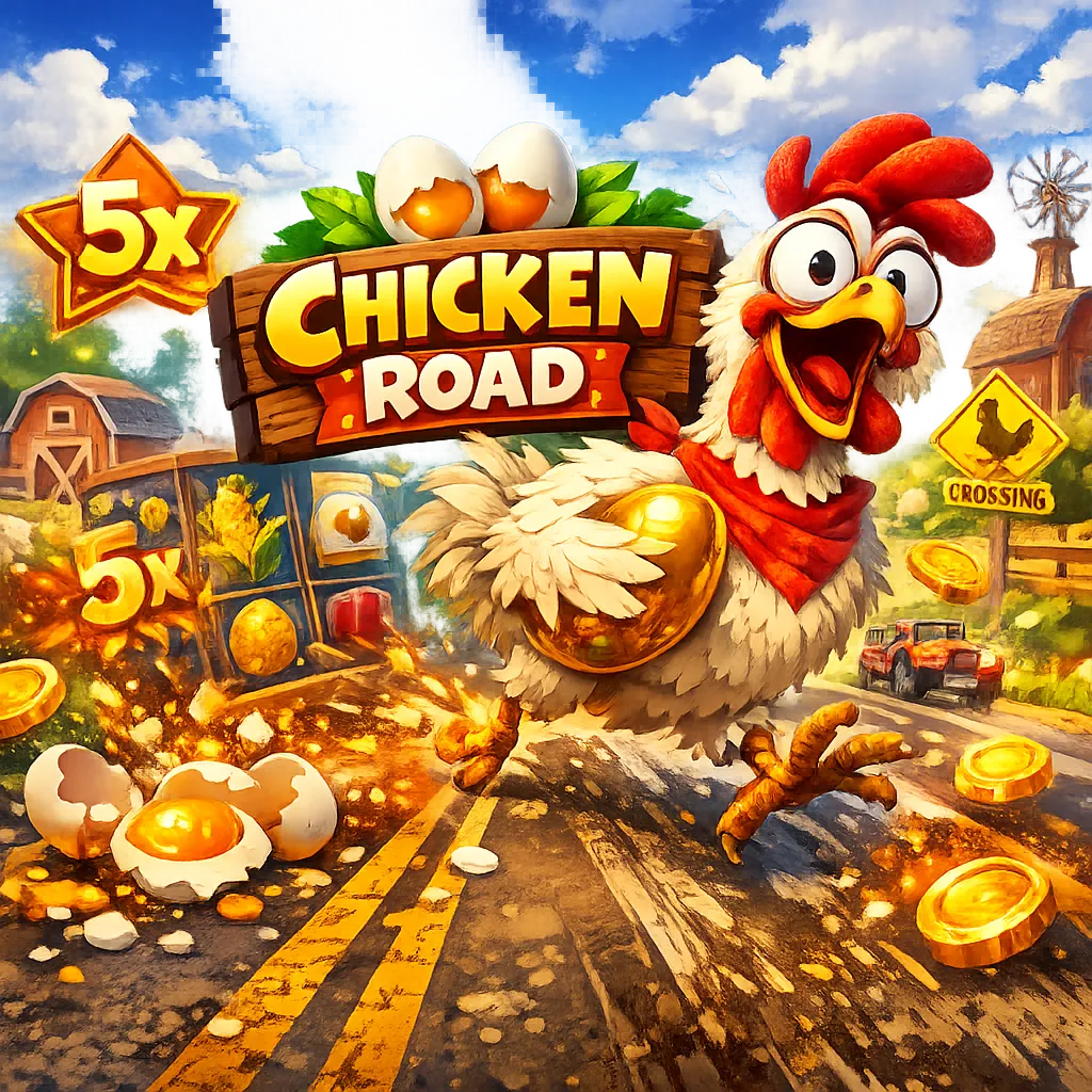 Dynamic promotional image featuring a funny chicken with road lanes, eggs, feathers, and coins, showcasing a playful gambling
